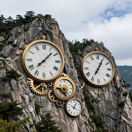 Photograph of three large, gold-framed, vintage-style clock faces with black Roman numerals, mounted on a rocky cliff with pine trees and cloudy