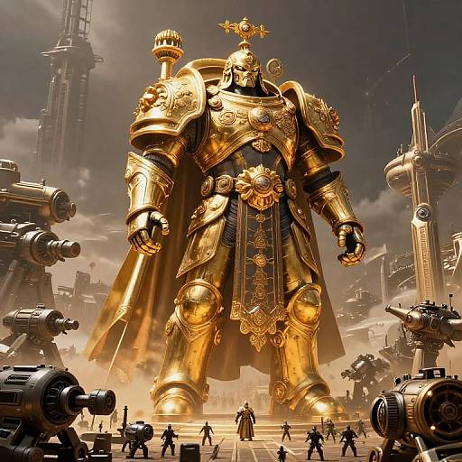Digital art of a massive, golden armored figure with a cross helmet, standing in a futuristic cityscape with towering machines and small figures in the foreground.