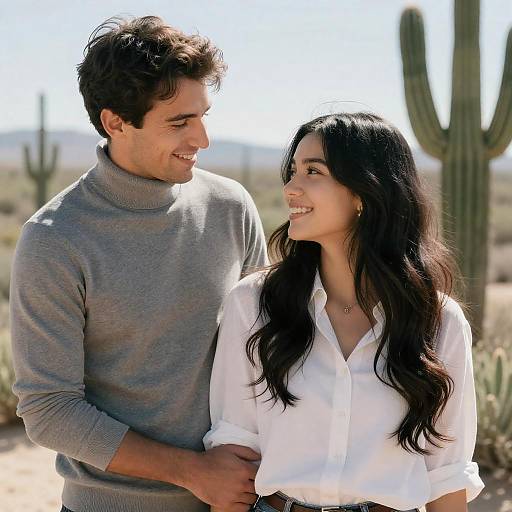 Sunlit Couple Among Tall Desert Cacti