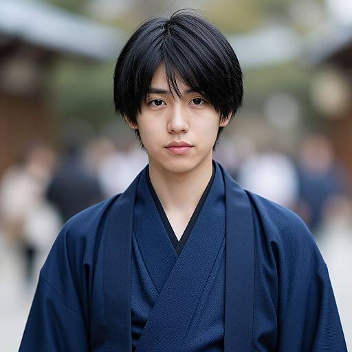 Photograph of a young East Asian man with black hair, wearing a dark blue kimono, standing outdoors with a blurred background.
