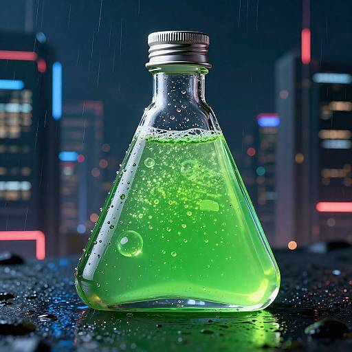 Photorealistic image of a glowing green liquid in a triangular glass bottle with bubbles, set against a neon-lit cityscape background at night.
