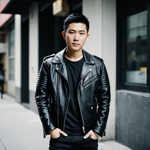 Young Man in Black Leather Jacket Urban Style