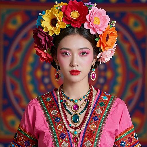 Woman in Traditional Colorful Floral Headdress and Embroidered Dress