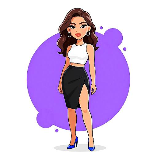 Digital cartoon of a confident woman with long brown hair, wearing a white crop top, black high-waisted skirt, and blue heels, standing against