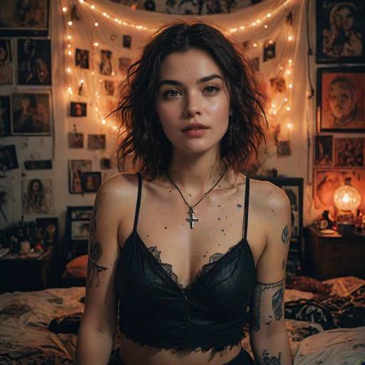 Confident Woman in Black Lingerie with Tattoos
