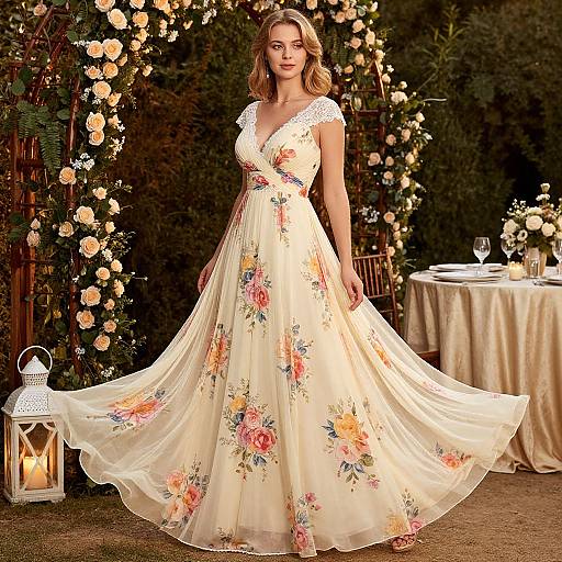 Photograph of a blonde woman in a flowing, floral-embellished, white wedding gown, standing under a flower-adorned arch, with