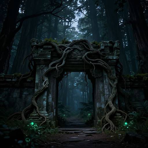 Photograph of a dark, misty forest with an ancient, moss-covered stone archway entwined by thick, gnarled vines. Gl