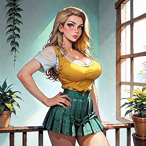 Blonde Woman in Mustard Top and Green Plaid Skirt
