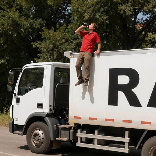 Man in Red Shirt on Overturned Truck