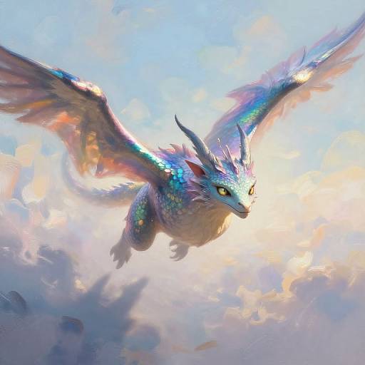 Digital painting of a vibrant, iridescent dragon with shimmering blue and purple scales, soaring through a bright, cloudy sky.