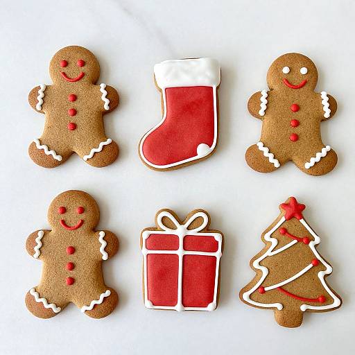 Photograph of six festive gingerbread cookies: two smiling gingerbread men, red Christmas stocking, two gift boxes, and Christmas tree, all on white
