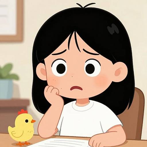 Cartoon of a worried girl with black hair, white shirt, and a yellow chick on a table, hand on chin.