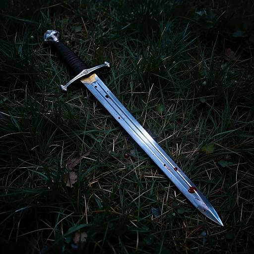 Photograph of a silver sword with black handle and silver crossguard, lying on dark, grassy ground with scattered leaves.