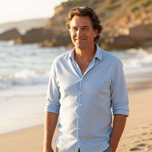 Photograph of a smiling, middle-aged man with wavy brown hair, wearing a light blue button-up shirt, standing on a sunny beach with rocky
