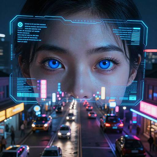 Photorealistic digital artwork of a woman with striking blue eyes, superimposed over a neon-lit, busy city street at night. Cybernet