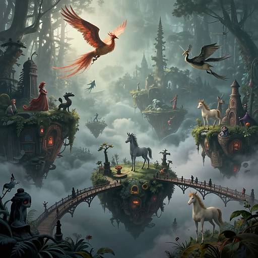 Fantasy forest scene with floating treehouses, magical creatures, flying birds, a white unicorn, a red phoenix, and a misty bridge. Digital