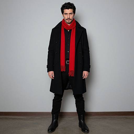 Photograph of a dark-haired man with a beard, wearing a black coat, red scarf, black pants, and boots, standing against a plain white