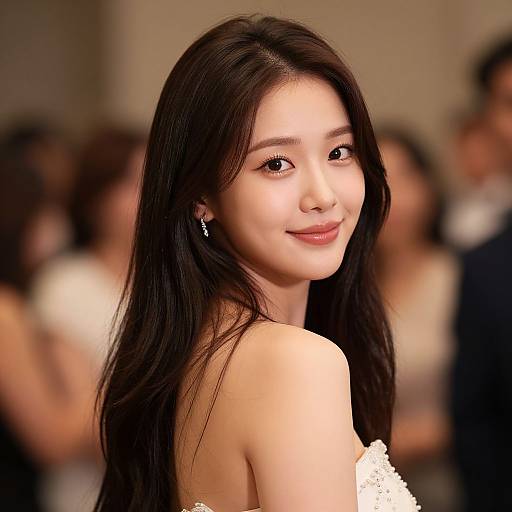 Photograph of a beautiful Asian woman with long black hair, fair skin, and dark eyes, wearing an off-shoulder white dress, smiling at