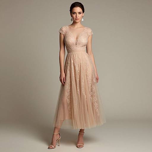 Photograph of a dark-haired woman in a sheer, lace-embellished, blush-colored, knee-length dress with cap sleeves and high heels,