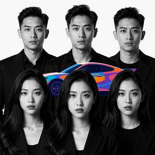 Group Portrait with Colorful Car Graphic
