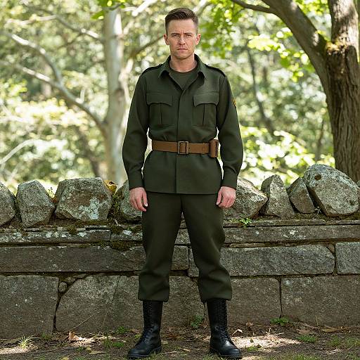 Serious Man in Military Uniform Outdoors