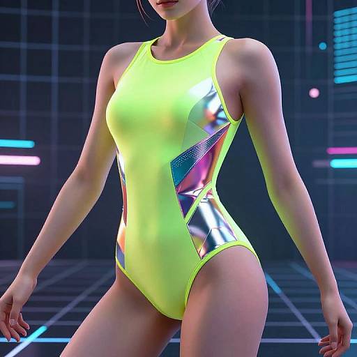 Photorealistic CGI of a slim, fair-skinned woman in a neon yellow, metallic-reflective one-piece swimsuit, standing in a futuristic