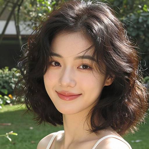 Photograph of an Asian woman with shoulder-length, wavy black hair, light skin, and subtle smile, wearing a white top, outdoors in a