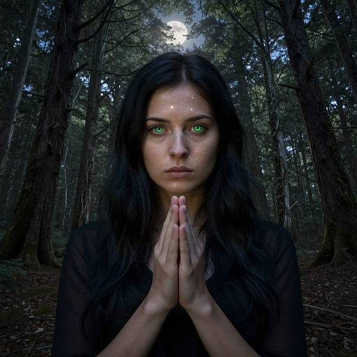 Photograph of a young woman with long black hair, glowing green eyes, and hands in prayer pose, standing in a dark, dense forest under a