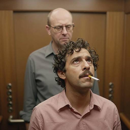 Two Men in a Vintage Wooden Elevator