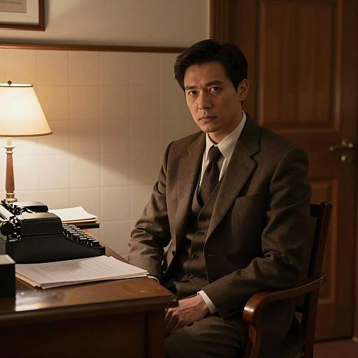 Man in Brown Suit Sitting at Office Desk