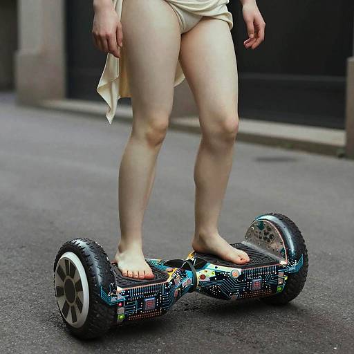 Photograph of a person's bare legs and feet on a futuristic, black, wheel-equipped hoverboard, wearing beige underwear, on a city street.