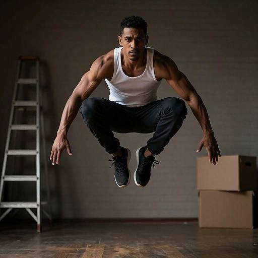 Muscular Man Jumping Indoors