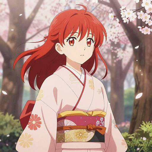 Anime-style digital drawing of a red-haired girl in a white kimono with floral patterns, standing under cherry blossom trees.