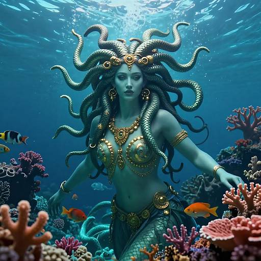 Digital artwork of a mermaid with flowing sea serpent hair, wearing gold jewelry, surrounded by colorful coral and vibrant fish in underwater ocean.