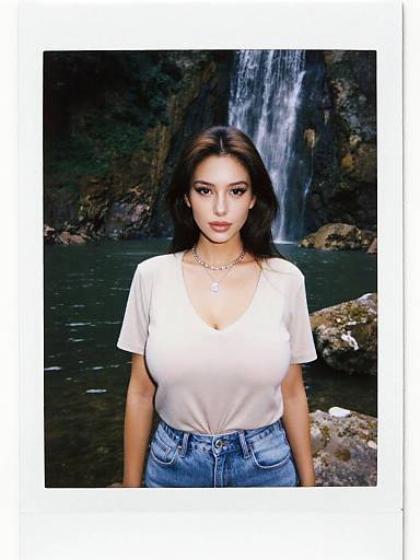 Photograph of a young Asian woman with long black hair, wearing a white V-neck shirt and blue jeans, standing in front of a waterfall and rocky