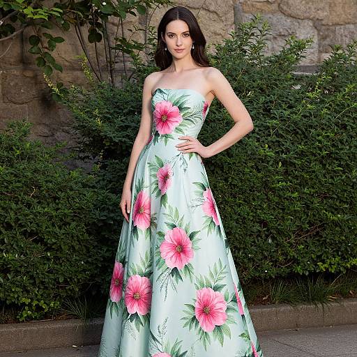 Photograph of a slender woman with fair skin and dark hair, wearing a strapless, floral pink and green dress, standing against lush green bushes and