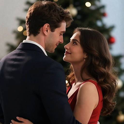 Romantic Embrace Under Christmas Lights