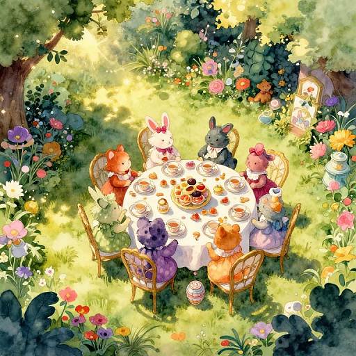 Whimsical watercolor painting of five stuffed animals having tea around a white table, surrounded by vibrant flowers and dappled sunlight in a lush garden