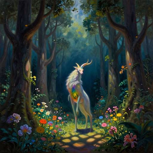 Digital fantasy art: A mystical, white, antlered deer with colorful fur stands in a sunlit, enchanted forest filled with vibrant flowers and towering