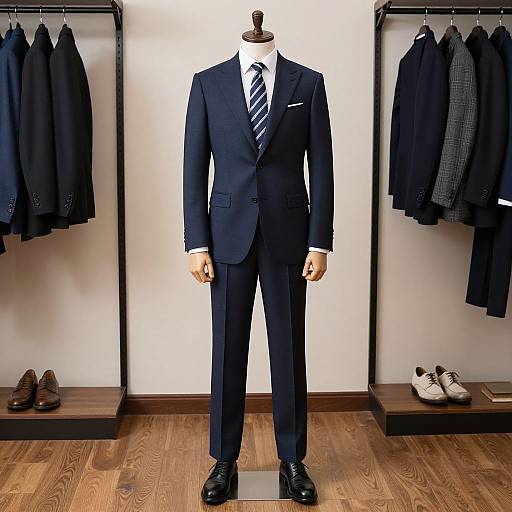 Photograph of a headless mannequin wearing a dark navy suit, white shirt, and striped tie, displayed in a wood-floored clothing