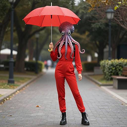 Woman in Octopus Head Costume with Red Umbrella