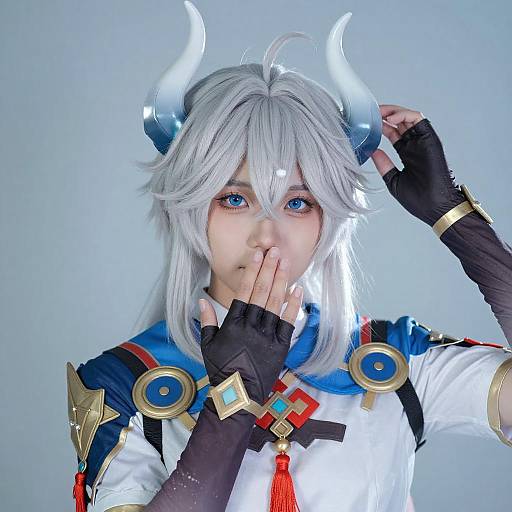 Cosplayer with White Hair and Horns