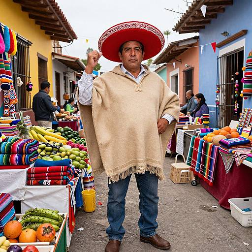 Photograph of a middle-aged man in a large red sombrero, beige poncho, blue jeans, standing in a vibrant outdoor market with colorful textiles