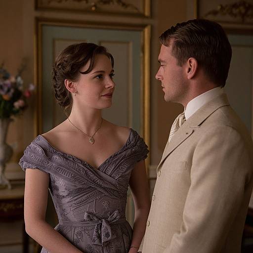 Photograph of a couple in vintage attire, woman in an off-shoulder purple dress, man in beige suit, standing in ornate room.