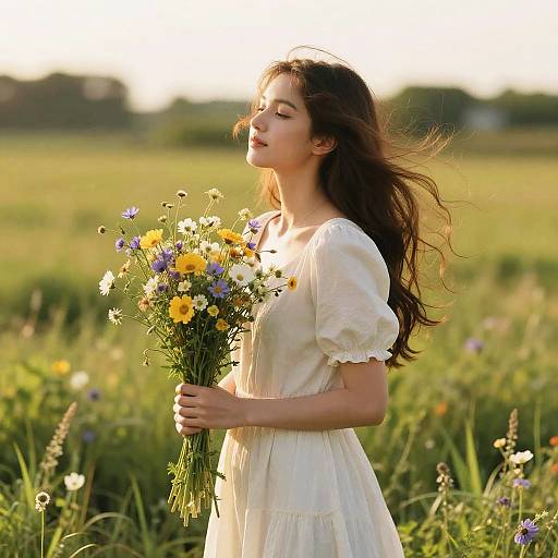 Photograph of a young woman with long brown hair, wearing a white, short-sleeved dress, holding a bouquet of yellow and purple wildflowers