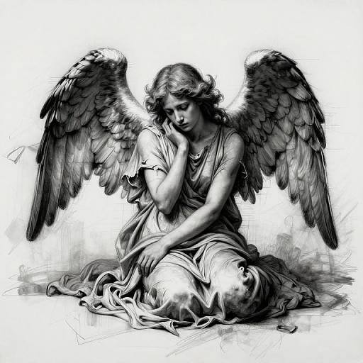 Monochrome digital drawing of a sorrowful angel with large wings, sitting beside a lifeless figure, hand on cheek, in flowing garments.