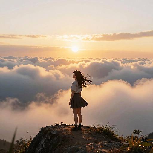 Photograph of a young woman with long brown hair, wearing a white blouse and black skirt, standing on a rocky peak, gazing at a golden