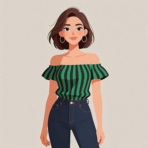 Digital illustration of a smiling woman with short brown hair, wearing an off-shoulder green and black striped top, and high-waisted blue jeans