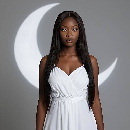 Photograph of a dark-skinned woman with long black hair, wearing a white, sleeveless, V-neck dress, standing against a gray background with