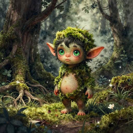 Digital fantasy artwork of a cute, moss-covered goblin child with large green eyes, standing in a lush, sunlit forest.